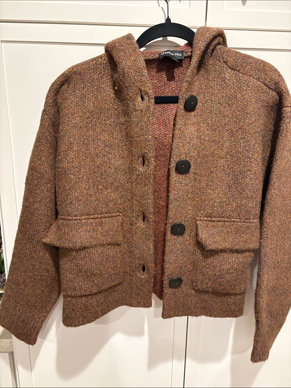 Kenneth Cole Multitone Brown Hooded Wool-Blend Shirt Jacket